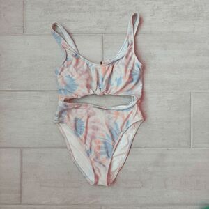 Hollister Swim One-Piece Bathing Suit Cut Out Tie Dye Blue Pink Small Front Knot